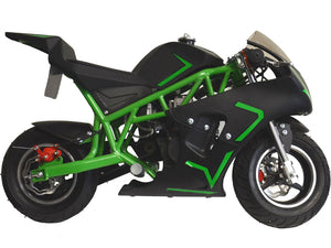 40cc 4 Stroke Premium Pocket Bike - M2 Matte Black - Green Frame 6 months Replacement Parts Warranty ($0)